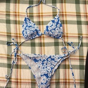 Floral Smocked Triangle Tie Side Bikini Swimsuit